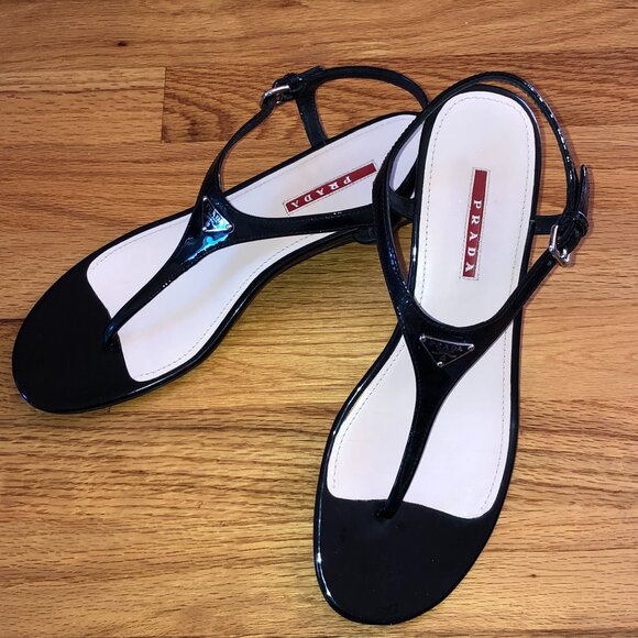 Prada Thong Wedge Sandals Triangle Logo Leather T-Strap Slingback Black EU 40 - Picture 2 of 13